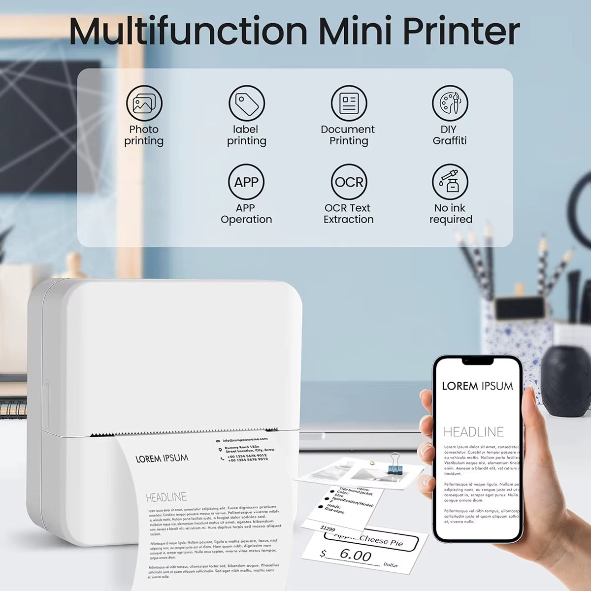 Mini Portabl Inkless Thermal Printer, Sticker Maker